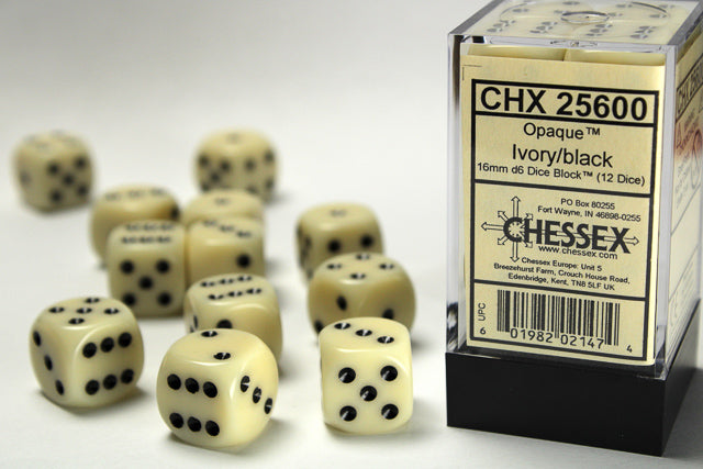 Chessex Ivory/black 16mm d6 Dice Block (12 dice)