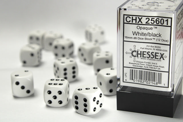 Chessex White/black 16mm d6 Dice Block (12 dice)