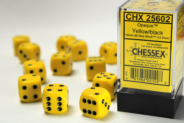 Chessex Yellow/black 16mm d6 Dice Block (12 dice)