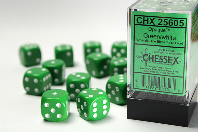 Chessex Green/white 16mm d6 Dice Block (12 dice)