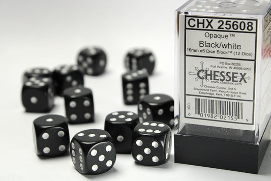 Chessex Black/white 16mm d6 Dice Block (12 dice)