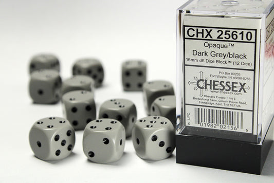 Chessex Grey/black 16mm d6 Dice Block (12 dice)