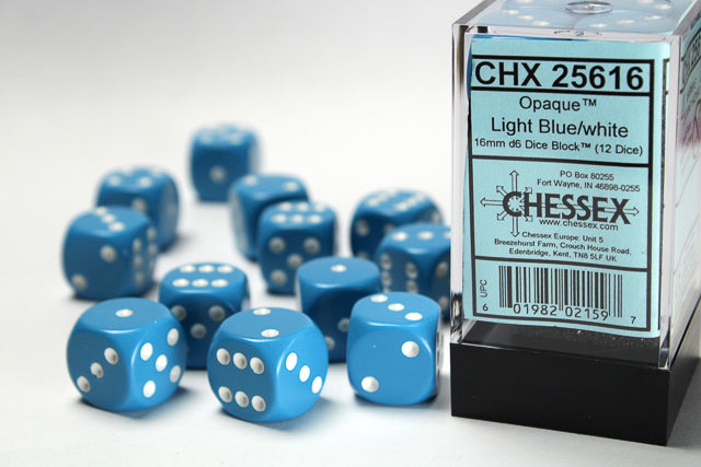 Chessex Light Blue/white 16mm d6 Dice Block (12 dice)