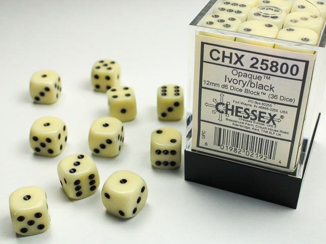 Chessex Ivory/black 12mm d6 Dice Block (36 dice)