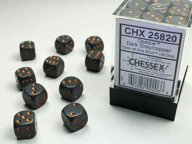 Chessex Dark Grey/copper 12mm d6 Dice Block (36 dice)